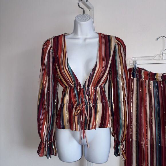 House Of Harlow x Revolve Roksana Blouse & Mya Maxi Skirt Red Stripe Sequin XS - Picture 7 of 11
